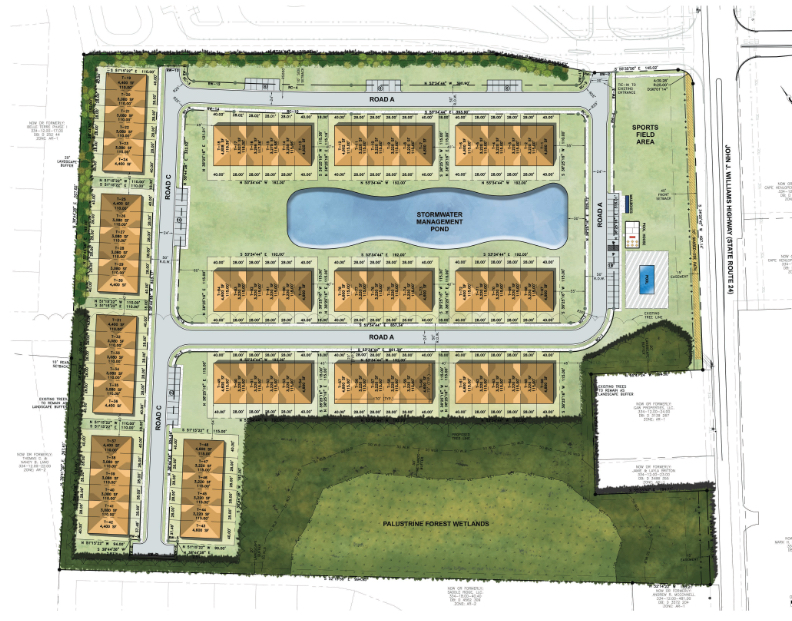 The proposed School Lane preliminary site plan includes 85 townhomes in 14 two-story buildings and shared access with the school to reach the Route 24 traffic signal. DAVIS, BOWEN, FRIEDEL GRAPHIC